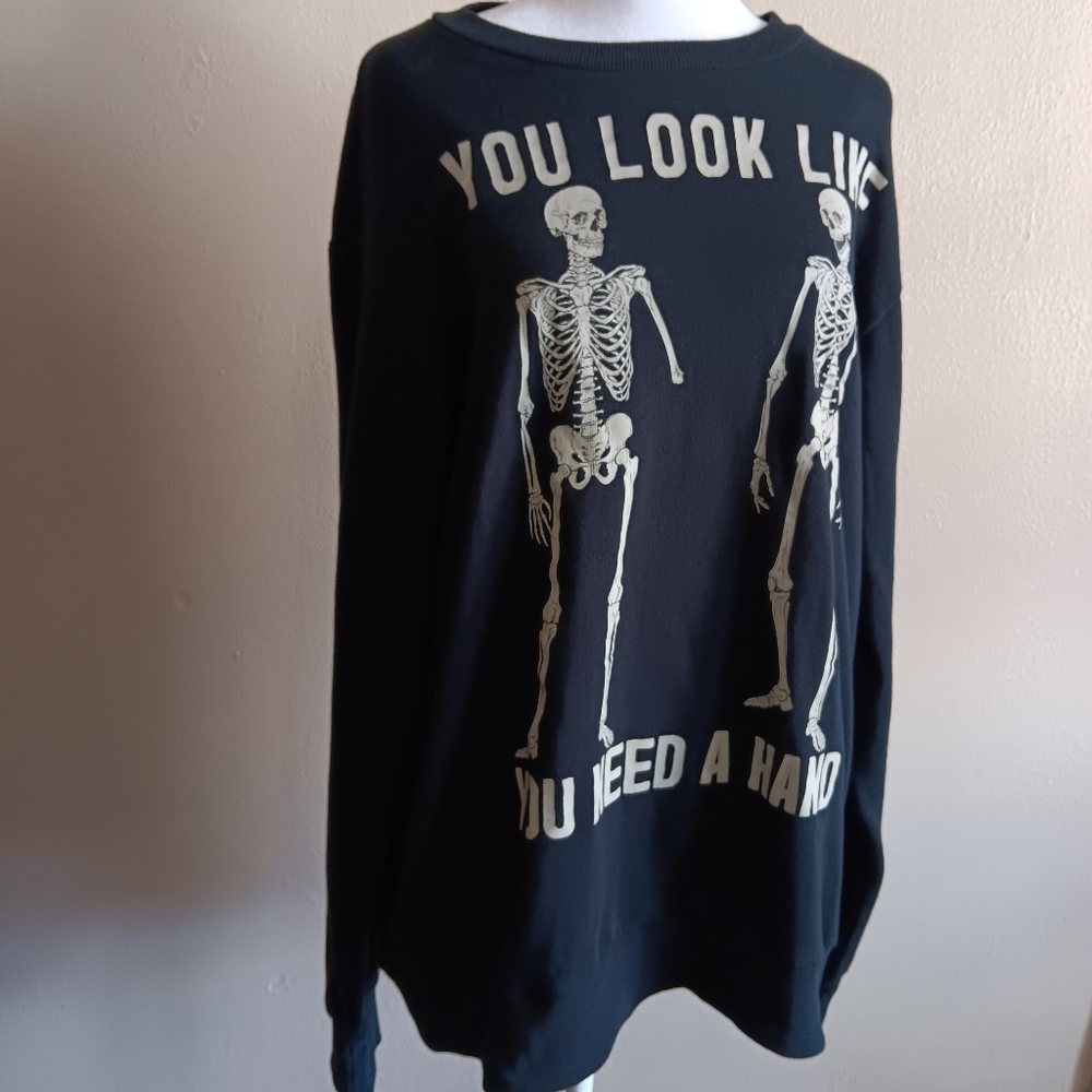 Mad Engine Large Long Sleeve Skelwton Sweatshirt, Funny Goth Dark Humor Shirt